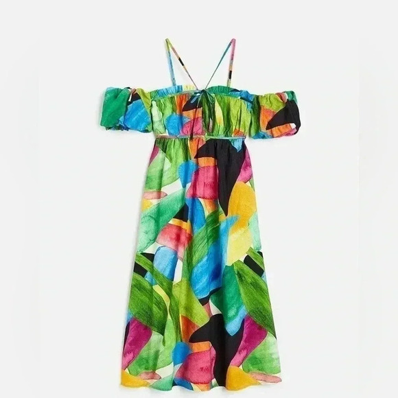 H&M Floral Puff Sleeve Maxi Dress Off-Shoulder Green Linen Blend Cottagecore M - Picture 4 of 11